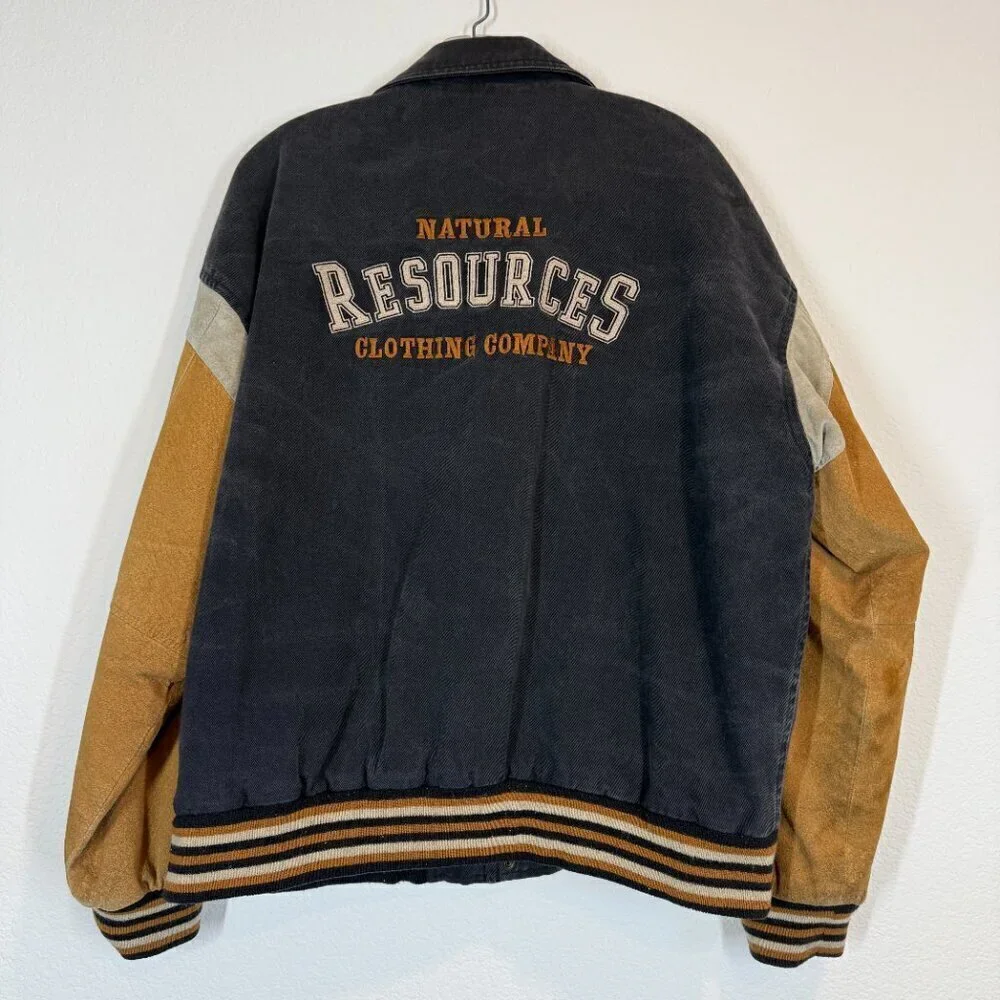 Vintage Varsity Suede Canvas Bomber Large 80s Black Brown Embroidered Jacket - Picture 2 of 10